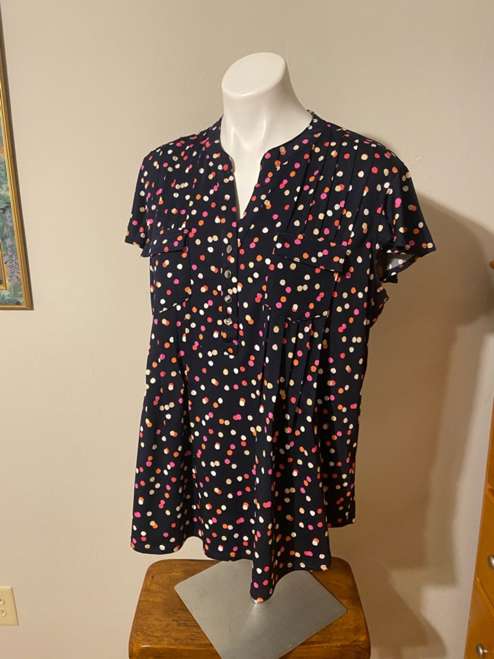 Ava & Grace Navy Blouse with Pink and Cream Polka Dots